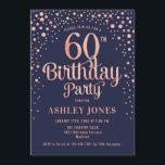 Convites 60ª Festa de aniversário - Marinho e Rosa Dourado<br><div class="desc">60º Convite de aniversário. Design elegante em azul marinho e ouro rosa brilhante. Possui fonte de script na moda e confetti. Envie-me uma mensagem se precisar de idade personalizada.</div>