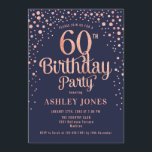 Convites 60ª Festa de aniversário - Marinho e Rosa Dourado<br><div class="desc">60º Convite de aniversário. Design elegante em azul marinho e ouro rosa brilhante. Possui fonte de script na moda e confetti. Envie-me uma mensagem se precisar de idade personalizada.</div>