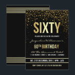 Convites 60ª Festa de aniversário | Shimmering Dourado Conf<br><div class="desc">Este convite de aniversário formal, elegante, moderno e moderno sexagésimo é adequado para homens ou mulheres. Inclui linhas limpas de ouro, guião gótica em maiúsculas e na moda e texto sofisticado de folha de ouro fixo em fundo preto com chás de confete de ouro cintilante, cintilante e fiação de partido....</div>