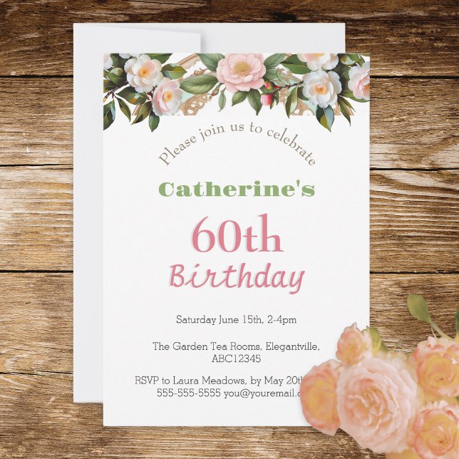Convites 60ª Festa de aniversário Tarde Tea Floral Bonito (A stylish invitation for a 60th birthday party, with pink roses design)