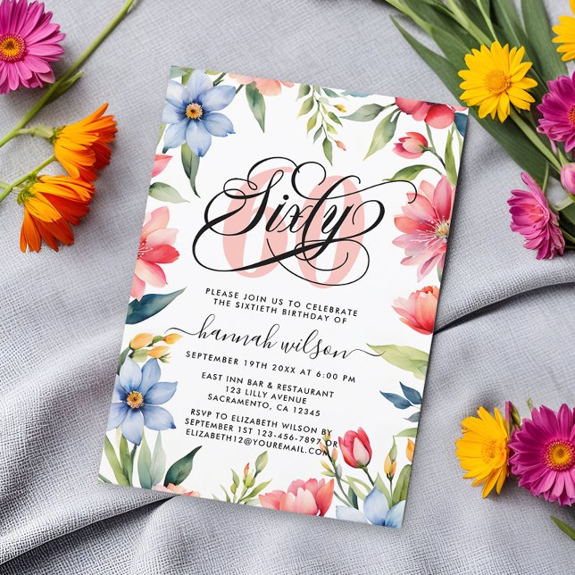 Convites 60ª Festa de aniversário Watercolor Foto Floral (Criador carregado)