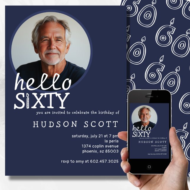Convites 60ª Foto Festa de aniversário 60 Azul Marinho mode (Criador carregado)