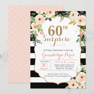 Convites 60ª Surpresa Black White Stripe Floral