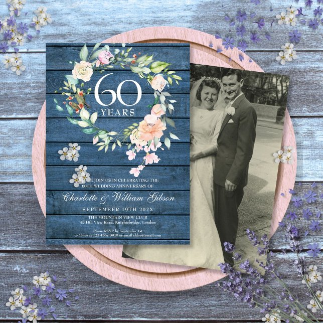 Convites 60º 75º aniversário Foto da Rústica Floral (60th 75th Anniversary Wedding Photo Floral Rustic Invitation)