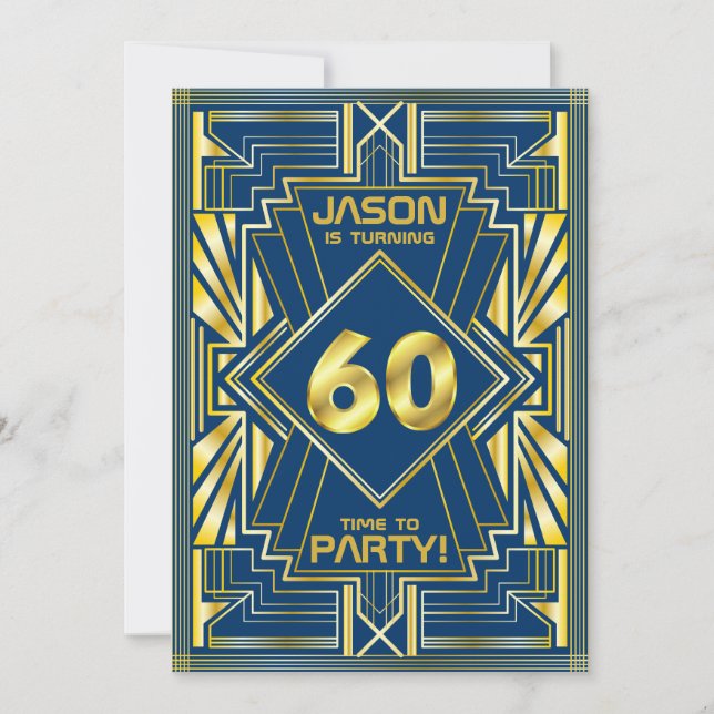 Convites 60º aniversário Art Deco Dourado Excelente Azul Ga (Frente)