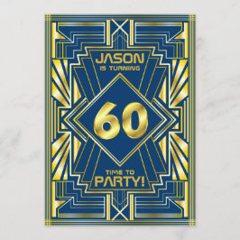 Convites 60º aniversário Art Deco Dourado Excelente Azul Ga