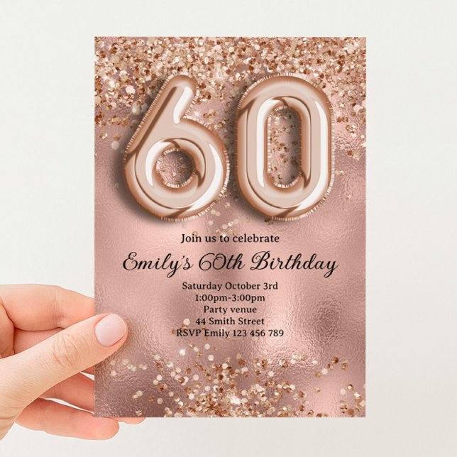 Convites 60º Aniversário Brilho Dourado Rosa (Criador carregado)