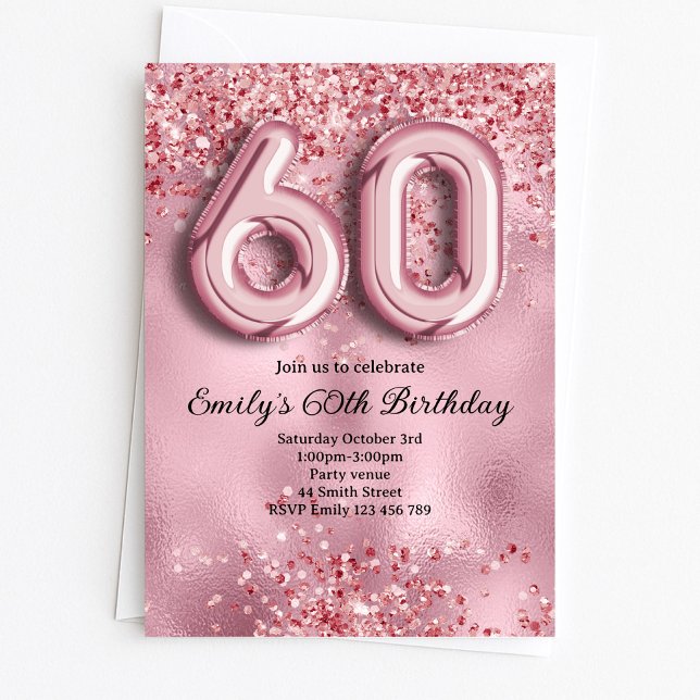 Convites 60º Aniversário Brilho Rosa (Criador carregado)
