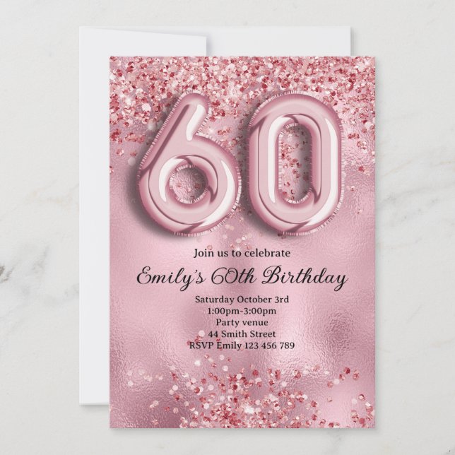 Convites 60º Aniversário Brilho Rosa (Frente)