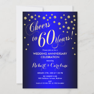Convites 60º Aniversário de Casamento - Azul Real e Dourado