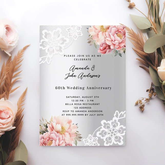 Convites 60º aniversário de casamento das florais cor-de-ro (Criador carregado)