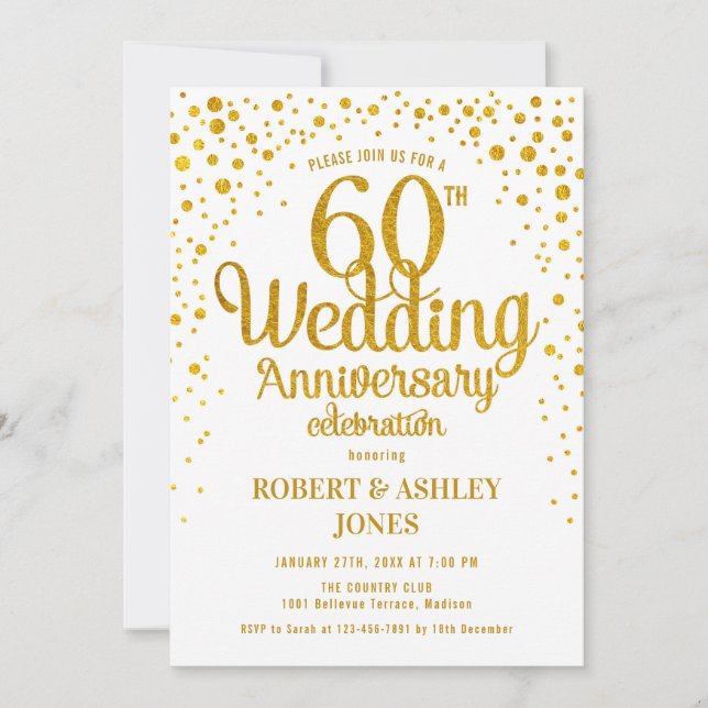 Convites 60º Aniversário de Casamento - Dourado e Branco (Frente)