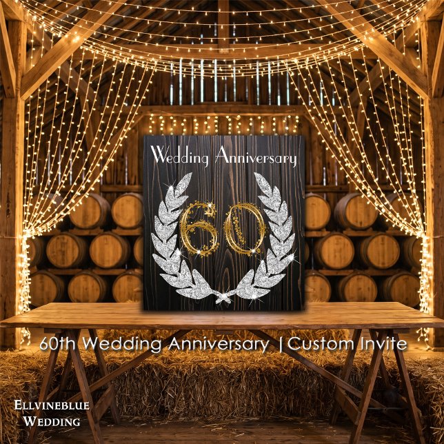 Convites 60º Aniversário de Casamento | Madeira Rústica & D (60th Wedding Anniversary Invite | Rustic Wood & Diamond Laurel. Size: 5.25” x 5.25”)