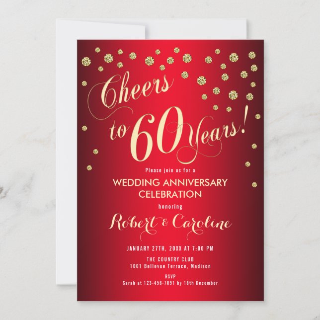Convites 60º Aniversário de Casamento - Vermelho & Dourado (Frente)