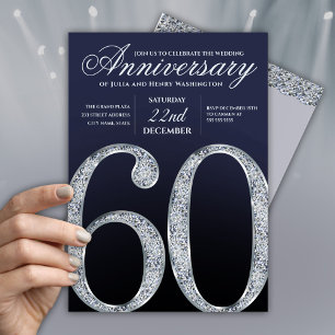 Convites 60º Aniversário Diamante Prata Azul-Marinho Modern