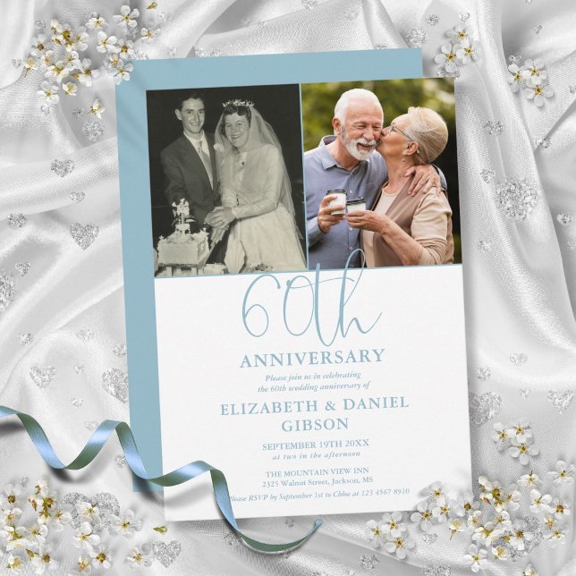 Convites 60º aniversário do casamento, então e agora 2 foto (60th Wedding Anniversary Then And Now 2 Photo Invitation)