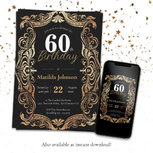 Convites 60º aniversário do Dourado Boho Negro Glamoroso El