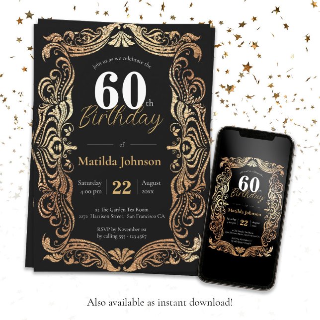 Convites 60º aniversário do Dourado Boho Negro Glamoroso El (60th Birthday Gold Black Boho Glamorous Elegant Invitation)