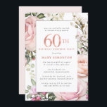 Convites 60º aniversário do Partido Surpresa Blush Pink Flo<br><div class="desc">Honra uma mulher especial com esta elegante e feminina 60ª convite de festas surpresa de aniversário. O 0º está escrito em grandes textos cor-de-rosa. O Partido da Surpresa de Aniversário segue. O nome do convidado também está em letras cor-de-rosa. O resto do texto é cinza de pomba mole. Os detalhes...</div>