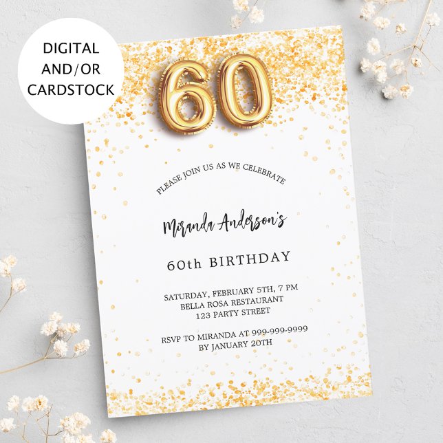 Convites 60º aniversário, dourado branco confetti elegante (Criador carregado)