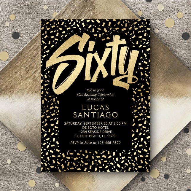 Convites 60º aniversário Dourado Confetti Negro (Criador carregado)