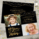 Convites 60º aniversário e agora fotos das luzes de sequênc<br><div class="desc">Convide seus hóspedes com este 60º convite de aniversário em preto e ouro com luzes de cordas apresentando um design de tipografia retrorreflectora com 60 ANOS NO FAZER que integra o ano de nascimento no design. Inclua fotos THEN e AGORA para um convite divertido. Os detalhes do convite de festas...</div>