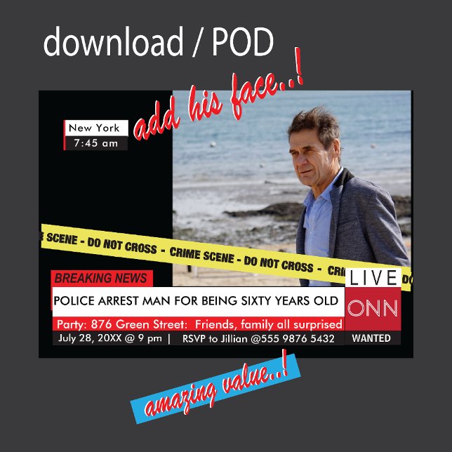 Convites 60º aniversário engraçado 🎉 notícias falsas da TV (Criador carregado)