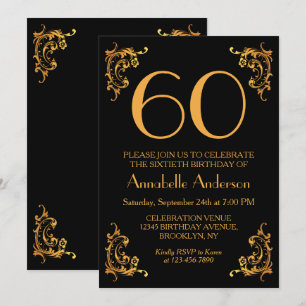 Convites 60º Aniversário Glam Moderno Dourado e Preto Vinta