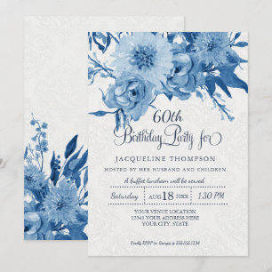 Convites 60º Aniversário Marinho Azul Branco Chintz Damask 