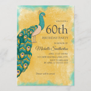 Convites 60º Aniversário Pavão Amarelo Teal