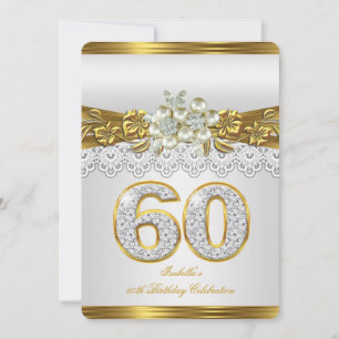 Convites 60º Aniversário Pérola Branca com Renda Dourada e 