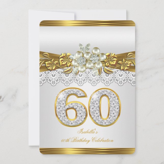 Convites 60º Aniversário Pérola Branca com Renda Dourada e  (Frente)