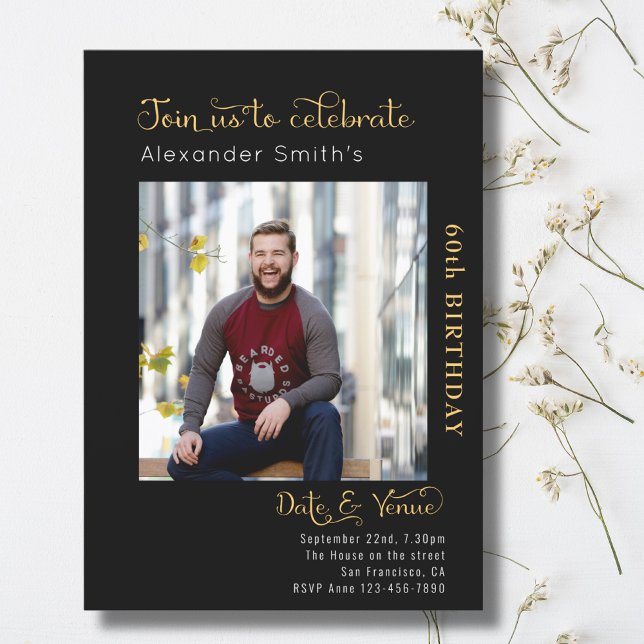 Convites 60º aniversário preto (60th birthday personalized black and gold party invitations with photo)