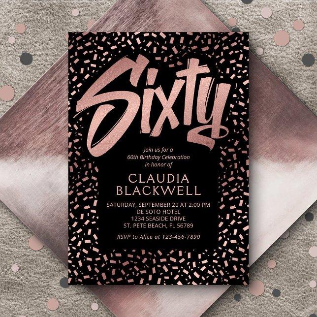 Convites 60º Aniversário Rosa Dourado Confetti (Criador carregado)