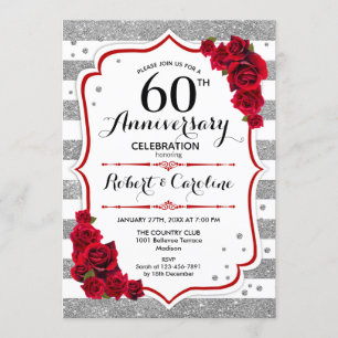 Convites 60º Aniversário - Rosas Vermelhas Brancas Prateada