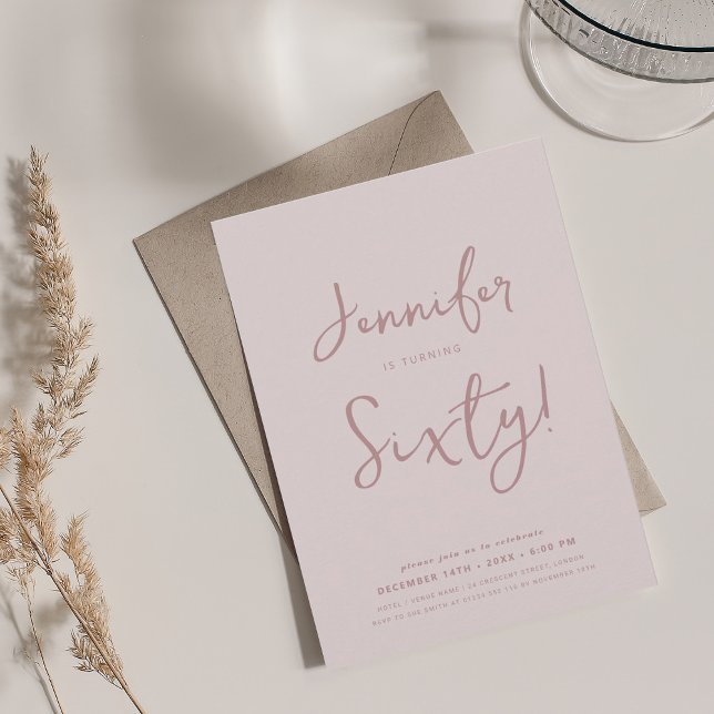 Convites 60º aniversário - Script Blush Blush de 60º aniver (Modern Minimal 60th Birthday Script Blush Pink Invitation)