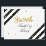 Convites 60º Aniversário Surpresa Dourada Geométrica<br><div class="desc">Modern Surprise 60th Birthday Script Geométrico Dourado Invitation com faixas pretas e pontos brilhantes de folhas de ouro com tipografia de script que você pode editar facilmente. Para mais personalização,  clique no botão "Personalizar" e use nossa ferramenta de design para modificar este modelo.</div>