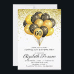 Convites 60º Aniversário Surpresa Glitter Dourado Negro<br><div class="desc">Balões negros e dourados e convite para a 60ª festa de aniversário. Design de preto e ouro negros e em forma de ouro,  com uma letra moderna de escrita. Personalizar para qualquer idade. 40,  50,  60,  70,  80,  90 e mais.</div>