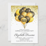 Convites 60º Aniversário Surpresa Glitter Dourado Negro<br><div class="desc">Balões negros e dourados e convite para a 60ª festa de aniversário. Design de preto e ouro negros e em forma de ouro,  com uma letra moderna de escrita. Personalizar para qualquer idade. 40,  50,  60,  70,  80,  90 e mais.</div>