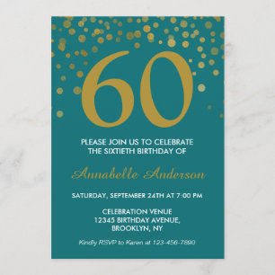 Convites 60º aniversário Teal Dourado Confetti Moderno Eleg