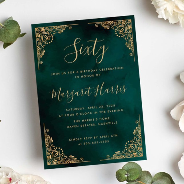 Convites 60º aniversário verde da 6ª Frame Dourada (Criador carregado)