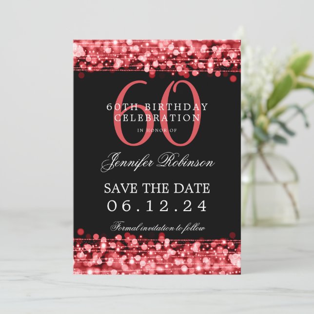 Convites 60º Aniversário Vermelho Guardar a Data com Detalh (Em pé/Frente)