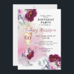 Convites 60º Aniversário Vidro de Champanhe<br><div class="desc">Um elegante convite de aniversário de 60 anos,  com na moda,  contendo um vidro de champanhe floral,  florais cor-de-rosa e burgundy,  e um fundo de lavagem de aquarelas em tons cor-de-rosa,  com um nome elegante de assinatura de script. Na moda e moderno.</div>