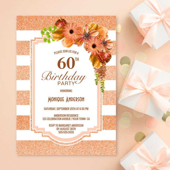 Convites 60º Apricot Striped Floral Party (Criador carregado)