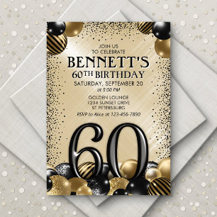 Convites 60º Balões Dourados Negros Aniversário