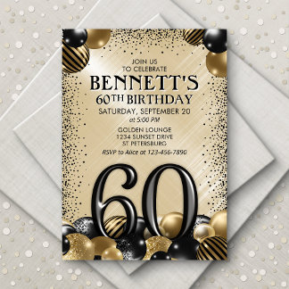 Convites 60º Balões Dourados Negros Aniversário