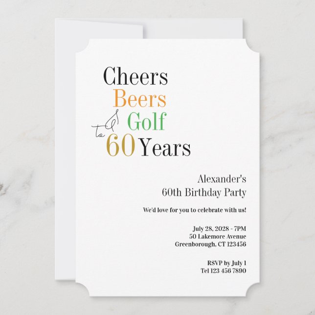 Convites 60º Golf Birthday Cheers and Beers Minimal (Frente)