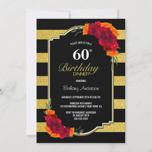 Convites 60º Janto de aniversário Floral Dourado a preto