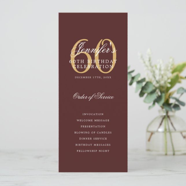 Convites 60º Programa de Aniversário Dourado Borgonha Obrig (Em pé/Frente)