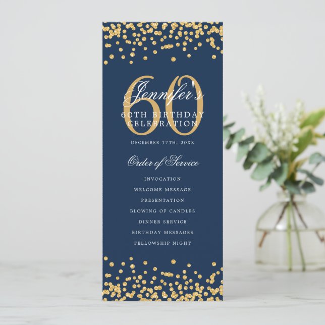 Convites 60º Programa de Aniversário, Dourado Menu Confetti (Em pé/Frente)